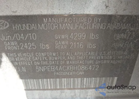 2011 Hyundai Sonata Gls из США, поврежденный, VIN 5NPEB4ACXBH086472